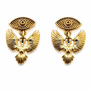 phoenix earrings, evil eye earrings, gold filled earrings, drop earrings, statement earrings, gold drop earrings, mythological jewelry, gothic earrings, demi-fine earrings, stainless steel earrings, edgy earrings, bold earrings, jagged halo jewelry, phoenix jewelry, evil eye jewelry