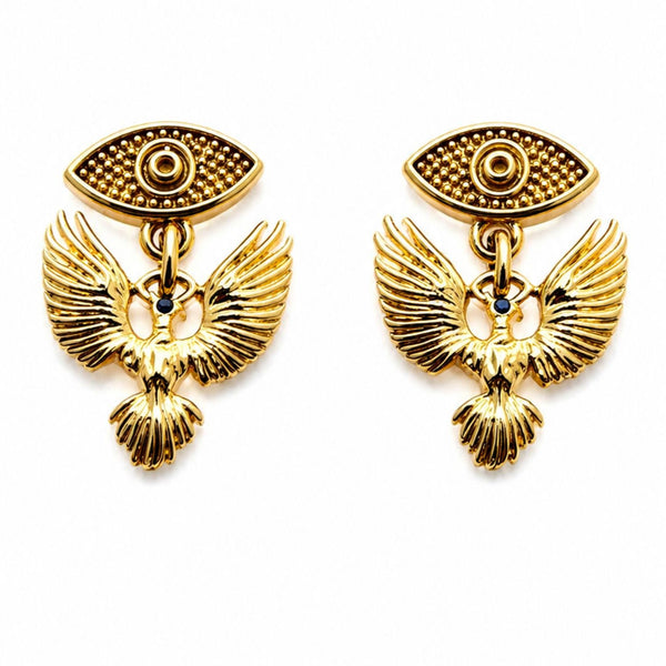 phoenix earrings, evil eye earrings, gold filled earrings, drop earrings, statement earrings, gold drop earrings, mythological jewelry, gothic earrings, demi-fine earrings, stainless steel earrings, edgy earrings, bold earrings, jagged halo jewelry, phoenix jewelry, evil eye jewelry