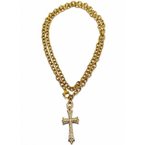 Gold crystal pavé Gothic cross pendant on chunky cable chain doubled convertible necklace