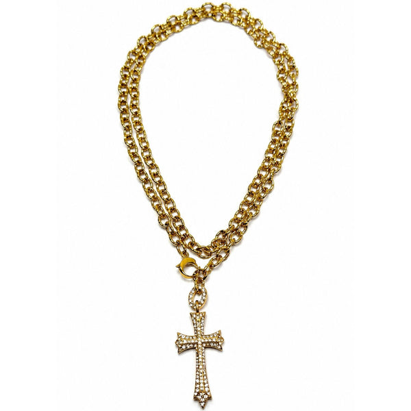 Gold crystal pavé Gothic cross pendant on chunky cable chain doubled convertible necklace