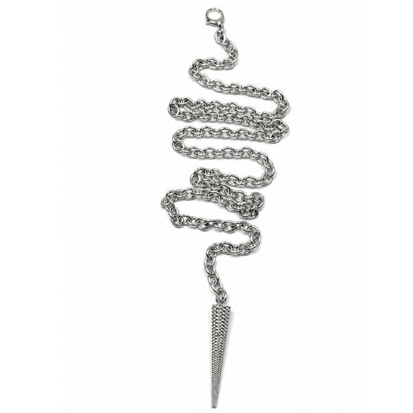Silver chain necklace with a pointed pendant on a white background