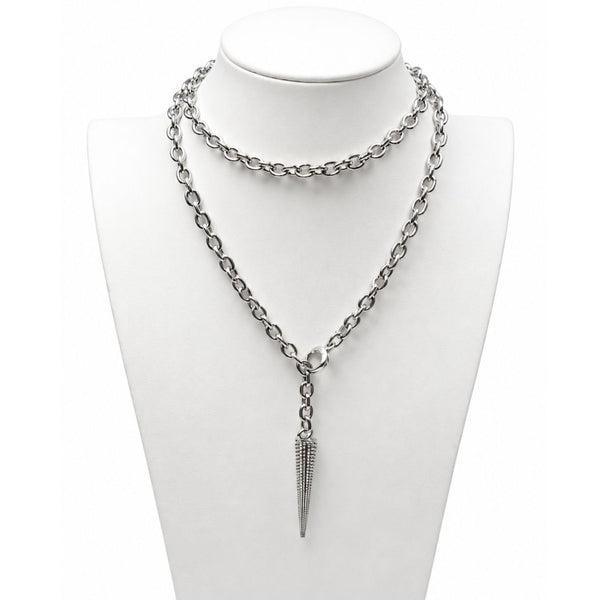 Silver chain necklace with a pendant on a mannequin bust against a white background