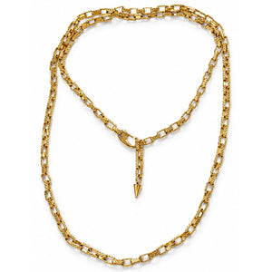 A gold-toned chain necklace with a textured link design, a central spike charm, and a spring-ring clasp, displayed on a clean white background.