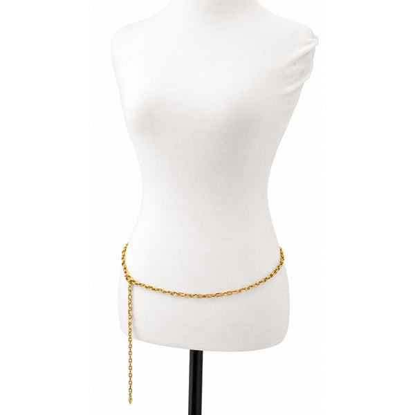 A gold chain waist belt displayed on a white fabric dress form mannequin against a plain white background.