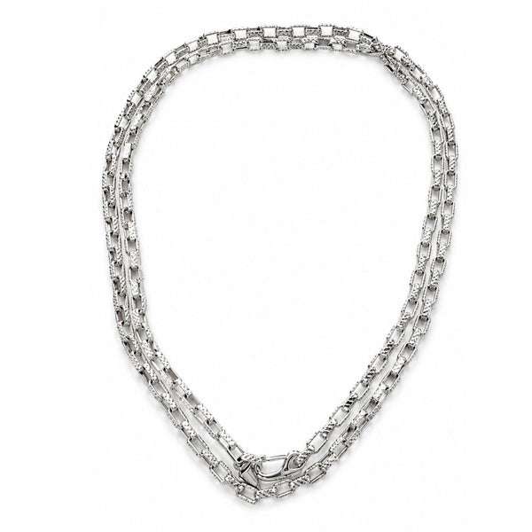 A silver-toned multi-strand chain necklace with a textured, geometric link design, displayed on a clean white background.