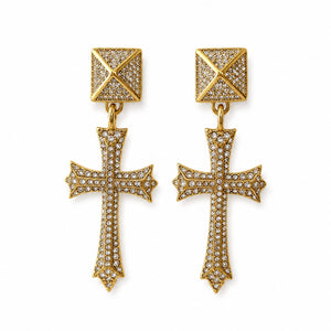 Yellow gold plated crystal cross statement earrings by Jagged Halo Jewelry
