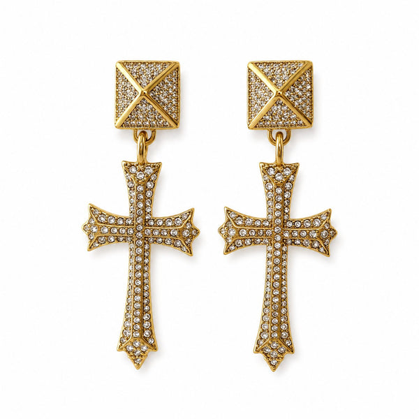 Yellow gold plated crystal cross statement earrings by Jagged Halo Jewelry
