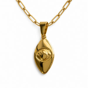 yellow gold evil eye pendant on a paper clip chain