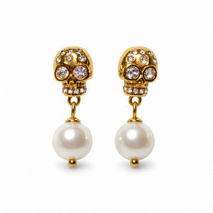 Gold skull earrings with clear stones and simulated pearl drops