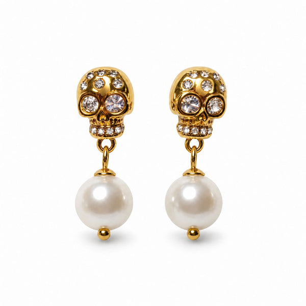 Memento Skull &amp; Pearl Drop Earrings