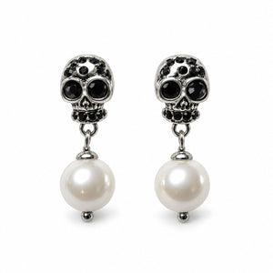 Silver skull earrings with black stones and simulated pearl drops