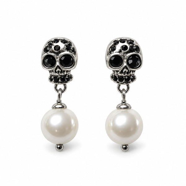 Memento Skull &amp; Pearl Drop Earrings