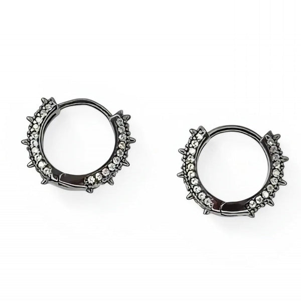 Pair of hoop earrings with decorative elements on a white background